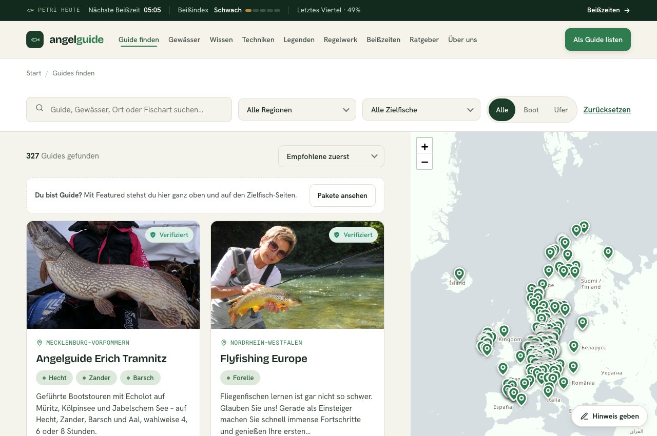The public Angelguide directory with fishing-guide profiles and search controls.