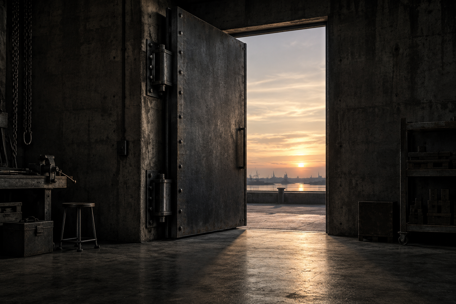 A heavy steel door opens from a dark workshop onto a quiet harbour at sunrise.