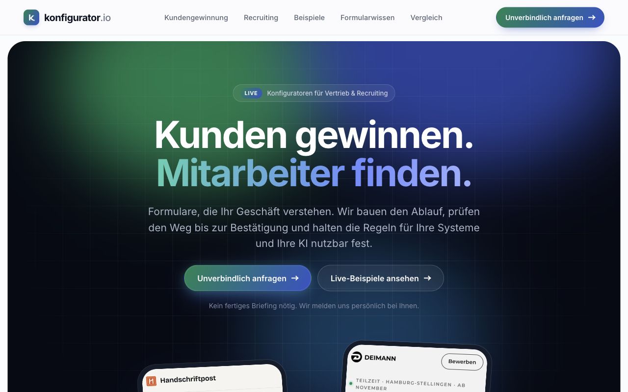 Konfigurator.io’s current homepage hero for sales and recruiting flows.